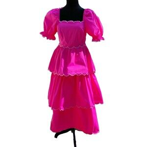 English Factory size S Pink Scalloped Ruffle Puff Sleeve Cotton Midi Dress NWT